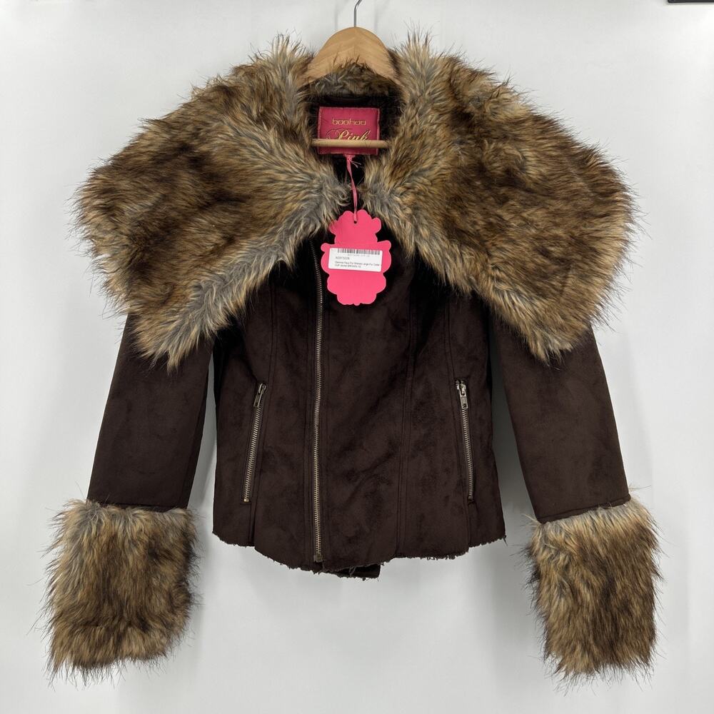 Boohoo Gemma Faux Fur Sherpa Jacket Womens Size S 6 Brown Large Collar Cuffs NWT